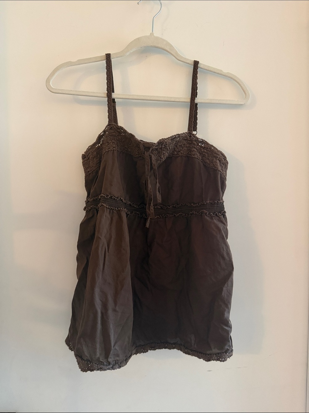 Vintage Y2K Old Navy Babydoll Tank Top S Brown Crochet Lace Trim Cotton Bow Tie